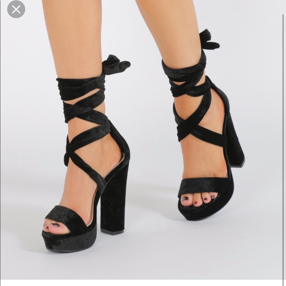 Black Velvet Chunky Tie- Up Heels